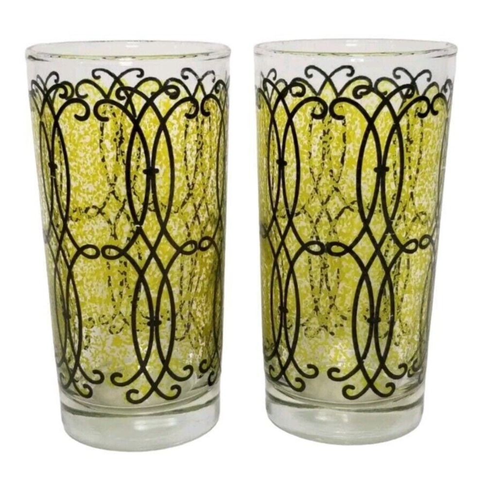 Vintage Mid Century Modern Chartreuse Green Black Scroll Highball Glasses Set 2
